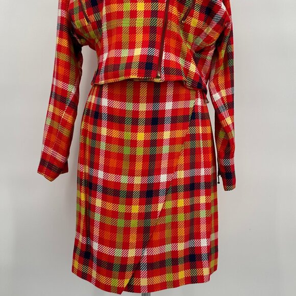 Vintage 1990s Emanuel Ungaro Red & Yellow Silk Blend Plaid Clueless Skirt Suit S - Picture 2 of 5